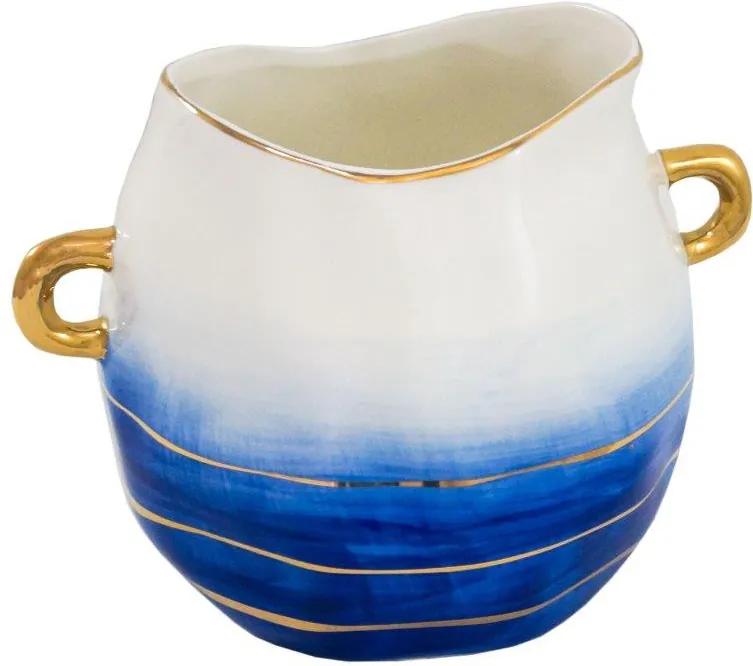 Vaso Decorativo Branco com Detalhes em Azul e Dourado - 14x17x19cm