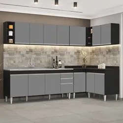 Armário de Cozinha Modulado de Canto 7 Peças CP36 com Pia Inox Preto/C