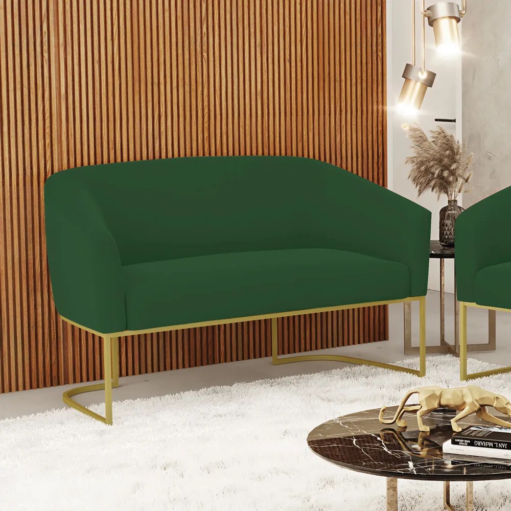 Sofá 2 Lugares Namoradeira Industrial Dourado Stella Veludo D03 - D'Rossi - Verde