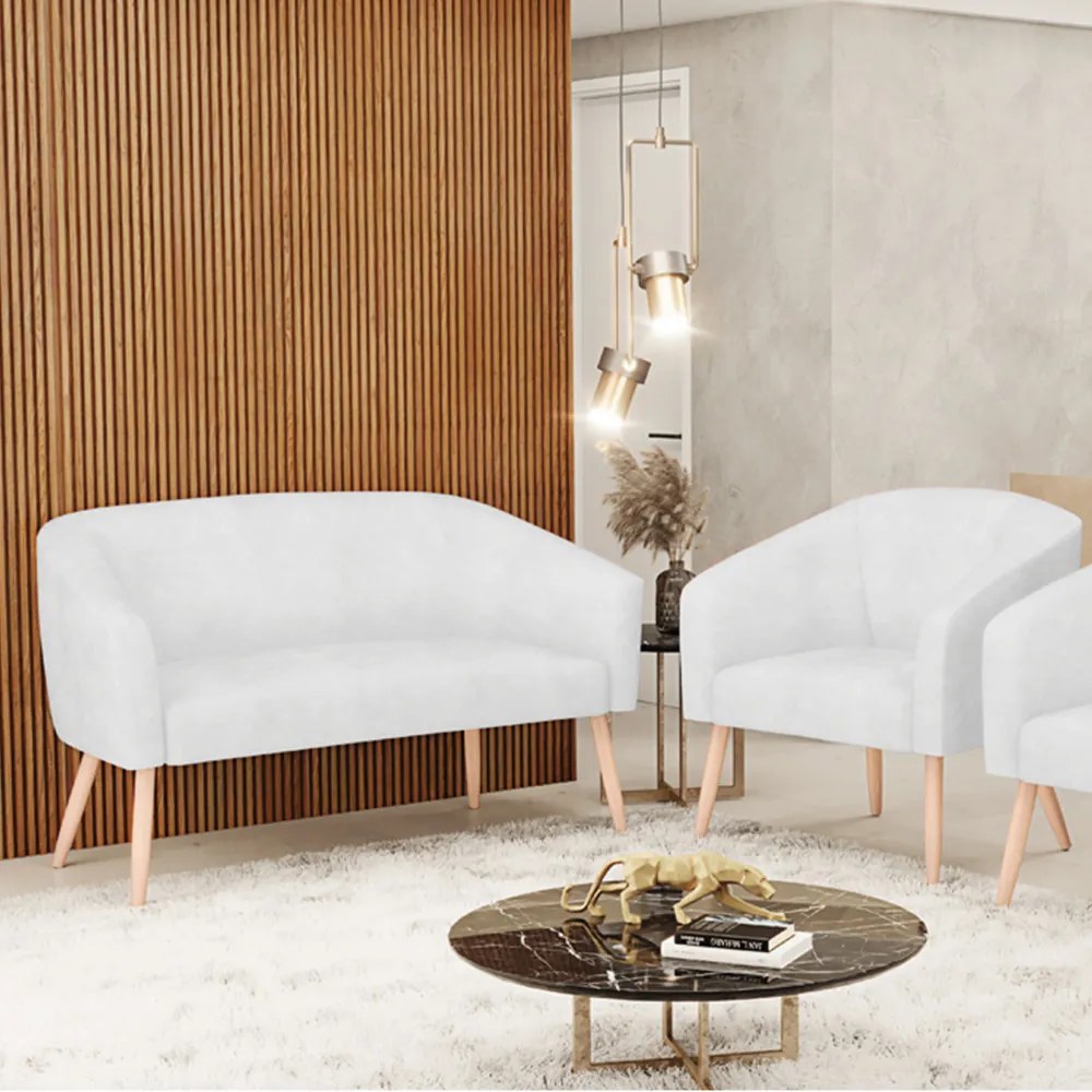 Sofá Namoradeira e Poltrona Pé Palito Natural Stella Sintético PU Branco D03 - D'Rossi