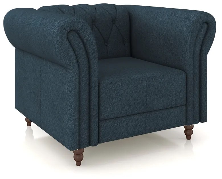 Poltrona Decorativa Sala de Estar Stanford Chesterfield Pés de Madeira Couro Azul Marinho G58 - Gran Belo