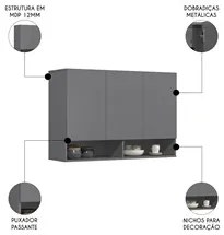 Armário de Cozinha Aéreo 3 Portas 2 Nichos 91cm Milão Cinza - EJ Móvei