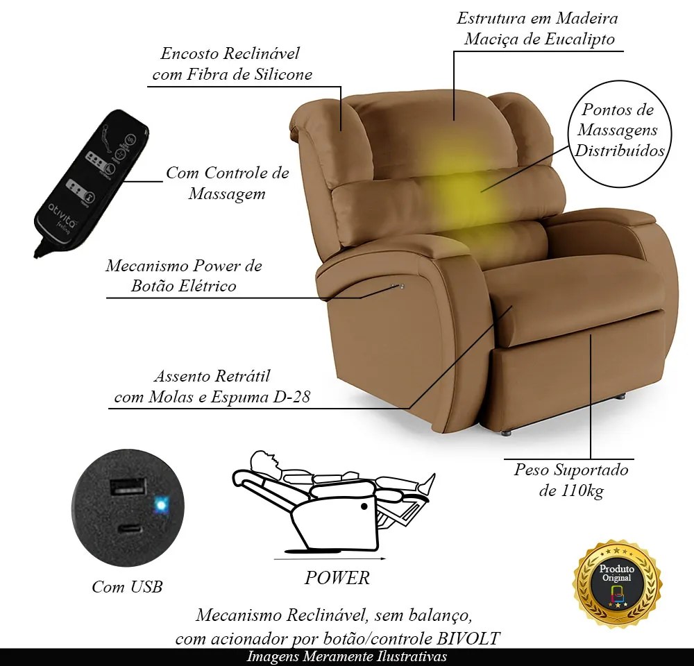 Poltrona do Papai Reclinável Napoli Power Touch Massagem PU Caramelo FH1 - D'Rossi