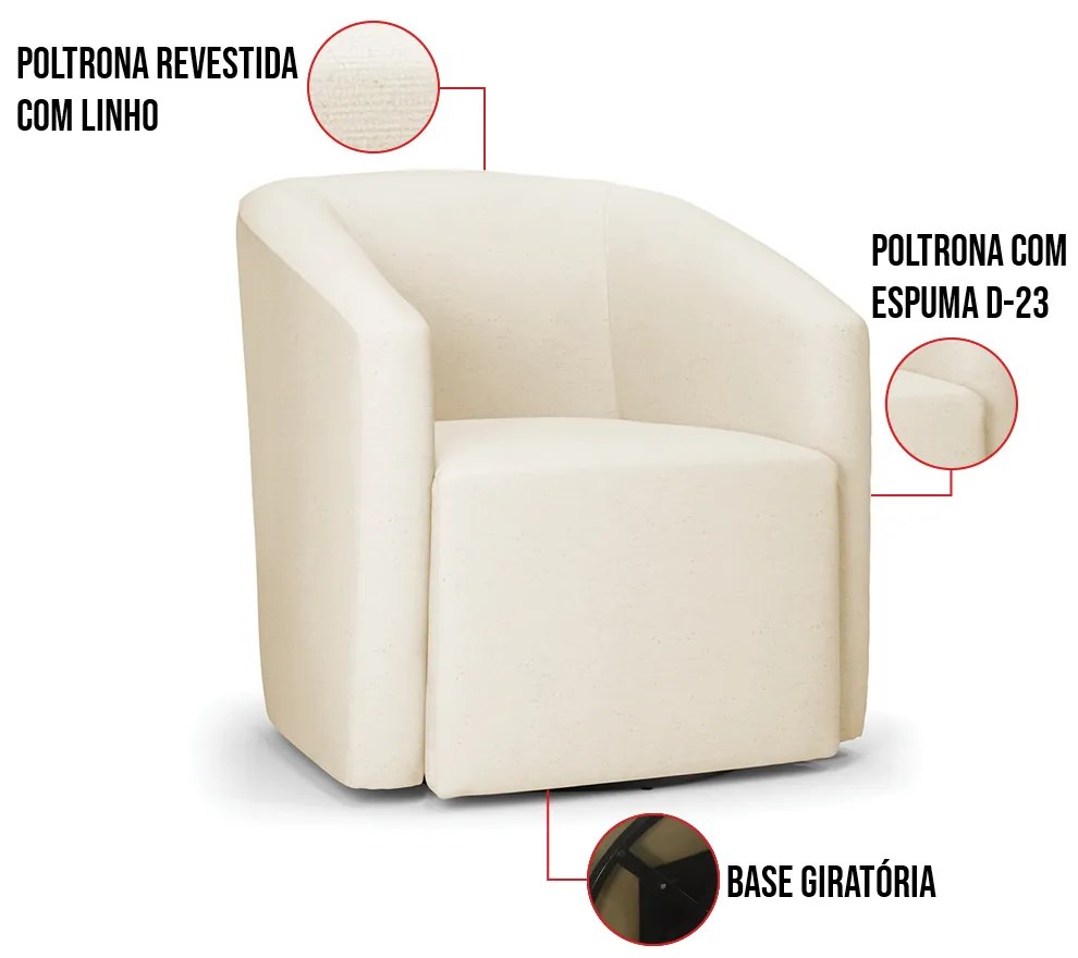 Poltrona Decorativa Base Giratória Kit 2 Stella Max Linho Bege D03 - D'Rossi