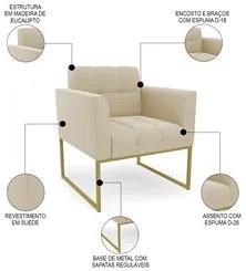 Poltrona Decorativa Base Industrial Dourado Ana Suede Bege - Ibiza