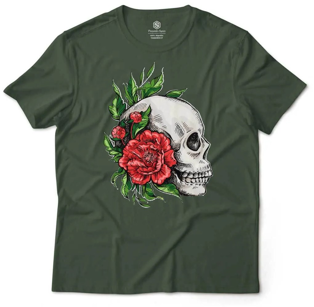 Camiseta Unissex Caveira e Rosas Vermelhas - Verde Musgo - XGG