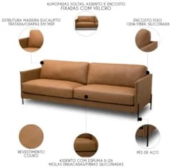 Sofá 3 Lugares Para Sala Living 210cm Bliss L08 Couro Camel  - Mpozena