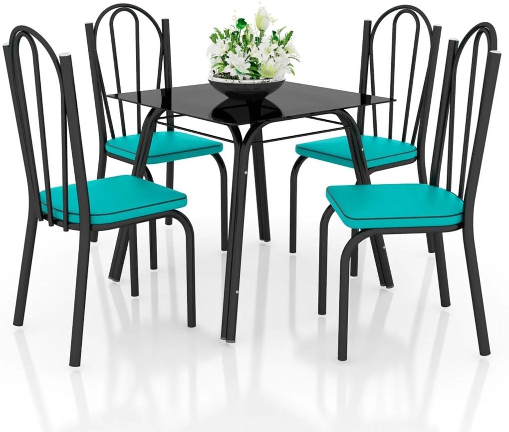 Jogo de Mesa Lótus Tampo de Vidro e 4 Cadeiras 121 Preto/Azul Turquesa - Artefamol