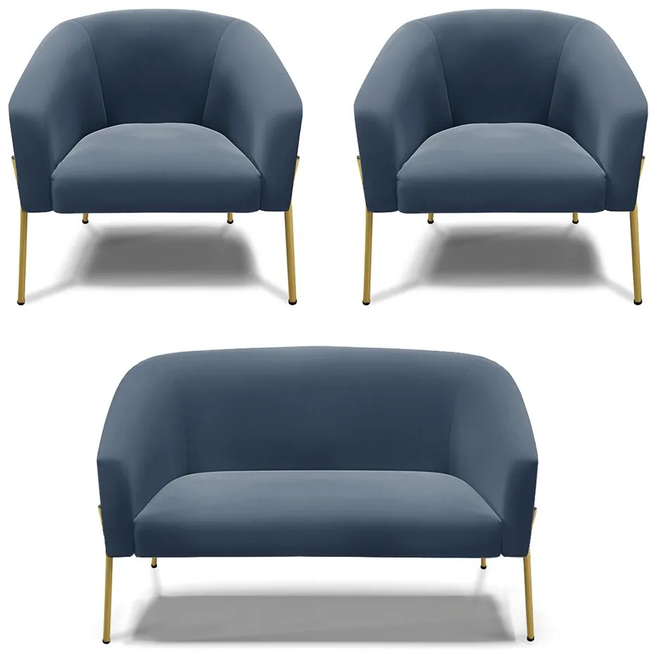 Namoradeira e 2 Poltronas Pé de Ferro Dourado Stella Suede Azul Marinho D03 - D'Rossi