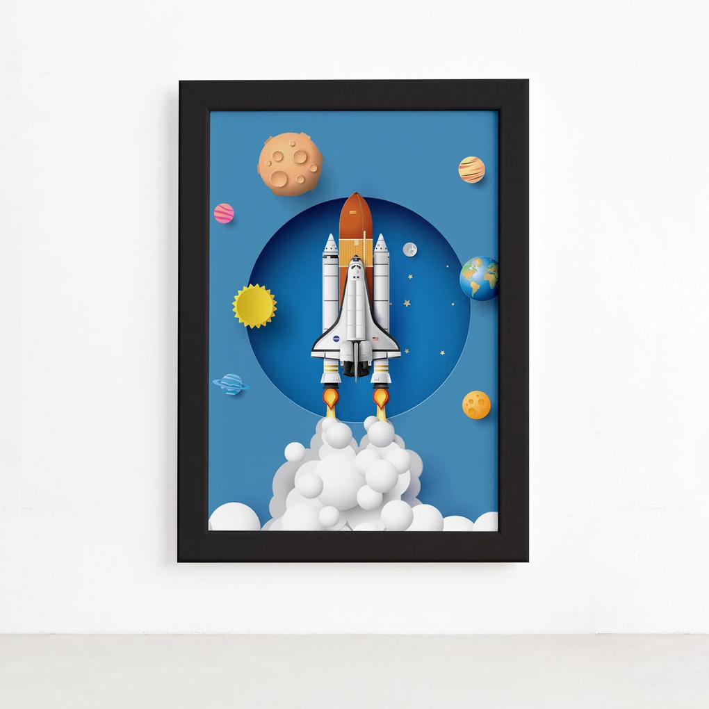 Quadro Astronauta Foguete em Órbita Moldura Preta 33x43cm