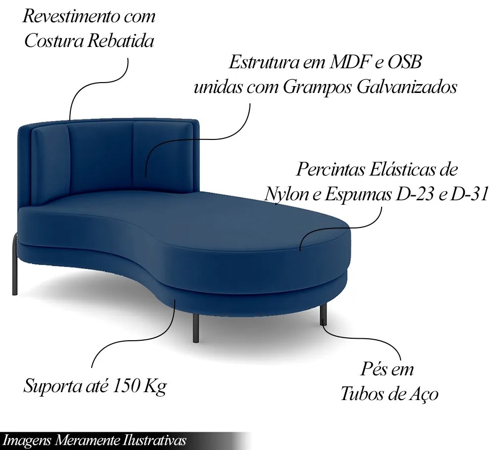 Sofá Chaise Lado Direito Downey Sala de Estar Veludo Azul G15 - Gran Belo