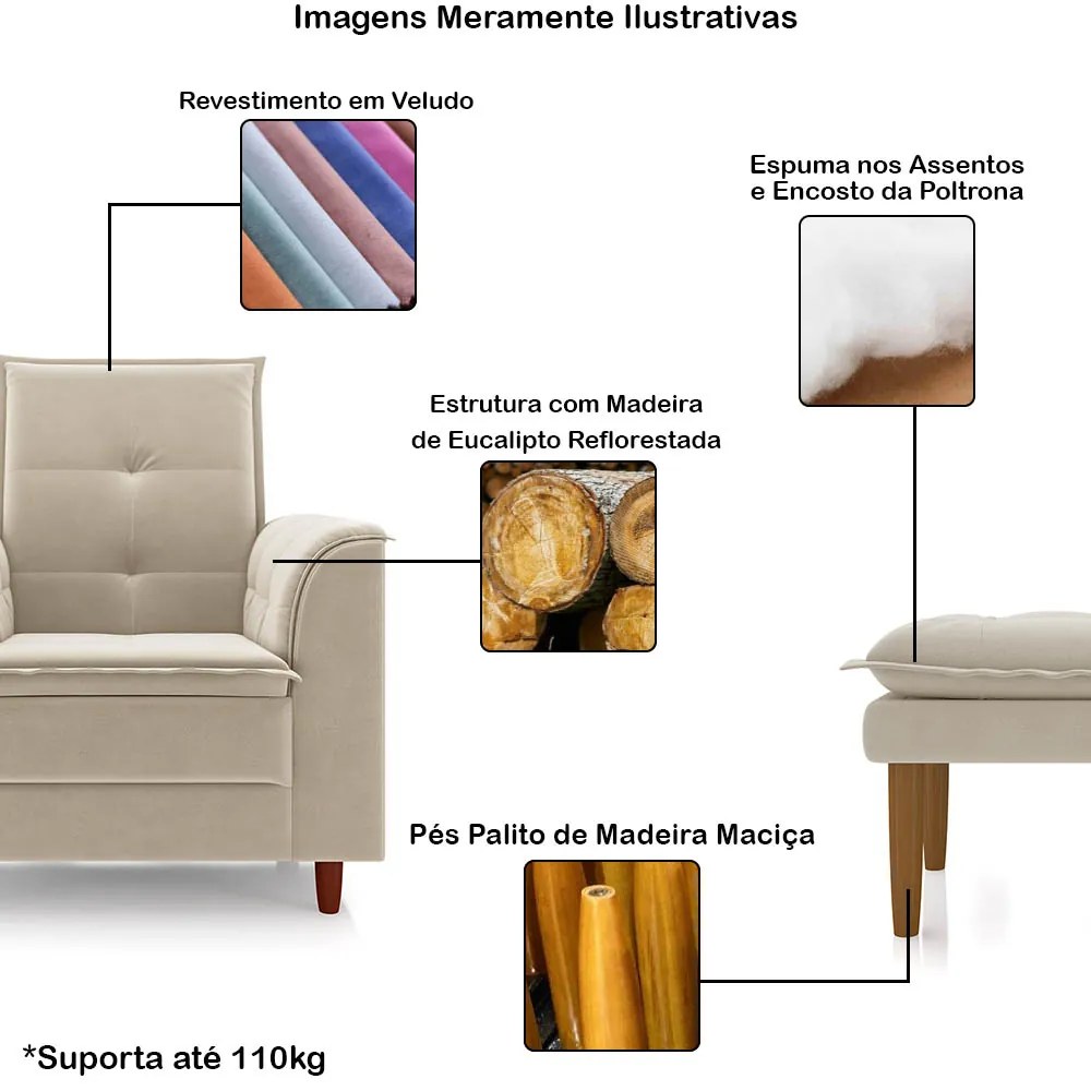 Poltrona de Amamentação Quarto de Bebê Gracy com Puff Pés Palito Veludo Bege G85 - Gran Belo