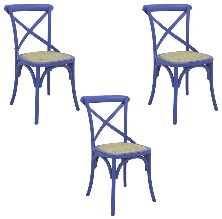 Kit 3 Cadeiras Decorativas Sala De Jantar Cozinha Danna Rattan Natural Azul G56 - Gran Belo