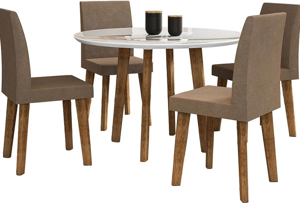 Mesa de Jantar Redonda com Vidro Turmalina com 4 Cadeiras Pés Oblongo Branco Clean com Pena Caramelo - RV Móveis