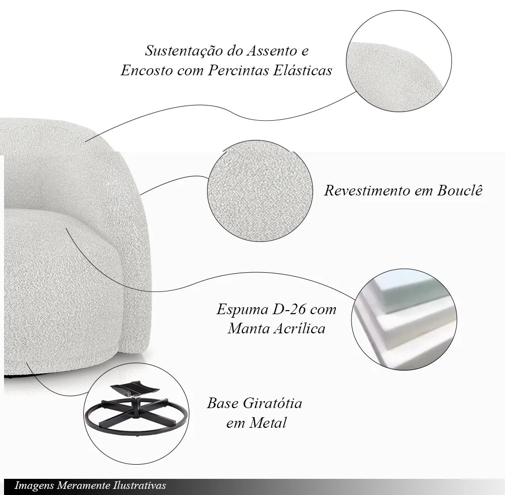 Kit 2 Poltronas Decorativas Jenny Base Giratória em Metal Preto Bouclê Branco G45 - Gran Belo