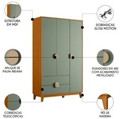 Guarda Roupa Solteiro 3 Portas 2 Gavetas 120cm Ipê Cinamomo/Sálvia - A