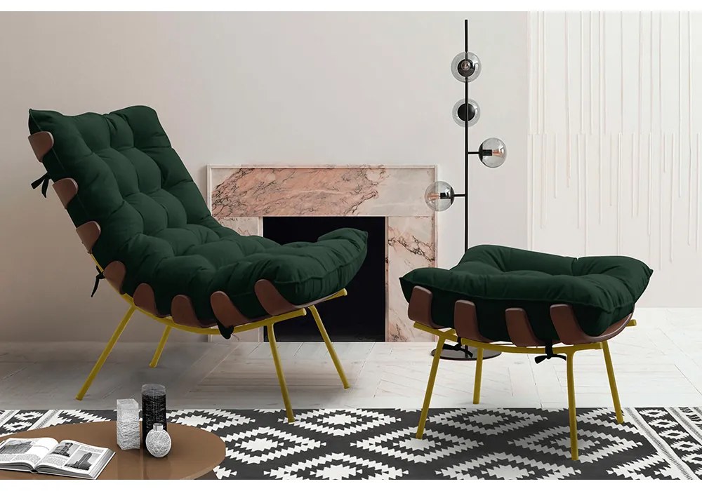 Puff Decorativo Sala de Estar Abel Base de Madeira Dourado Suede Verde G41 - Gran Belo