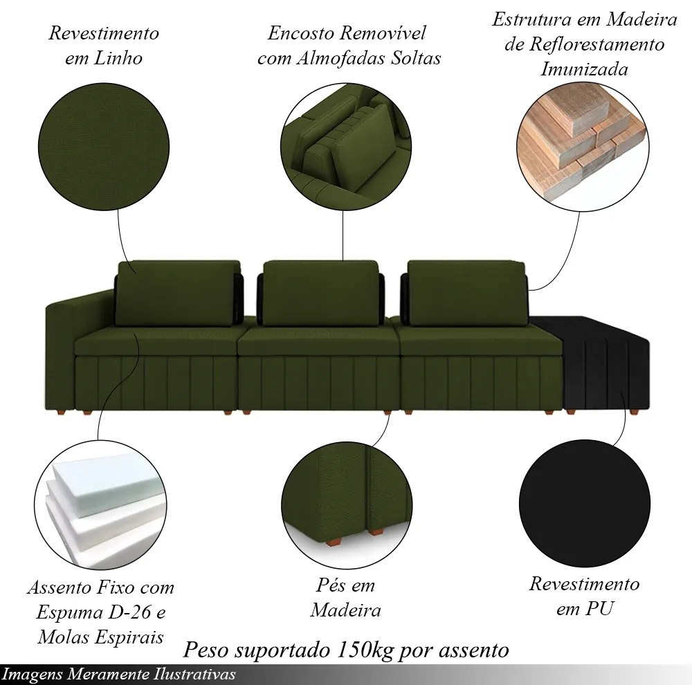 Sofá Ilha com Encosto e Almofadas Móveis Olimpo 335cm Modulado Linho/PU Verde/Preto G45 - Gran Belo