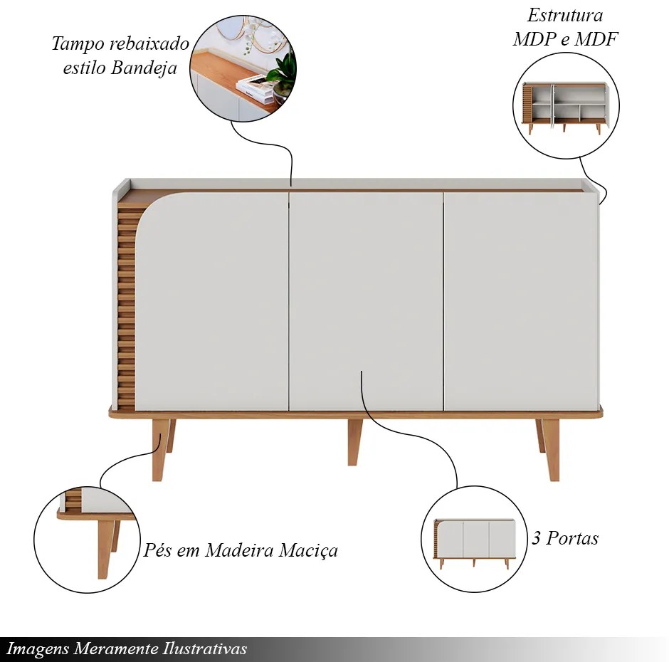 Buffet Decorativo Sala de Jantar Versátil Village 136cm Pés de Madeira Off-White/ Freijó G73 - Gran Belo