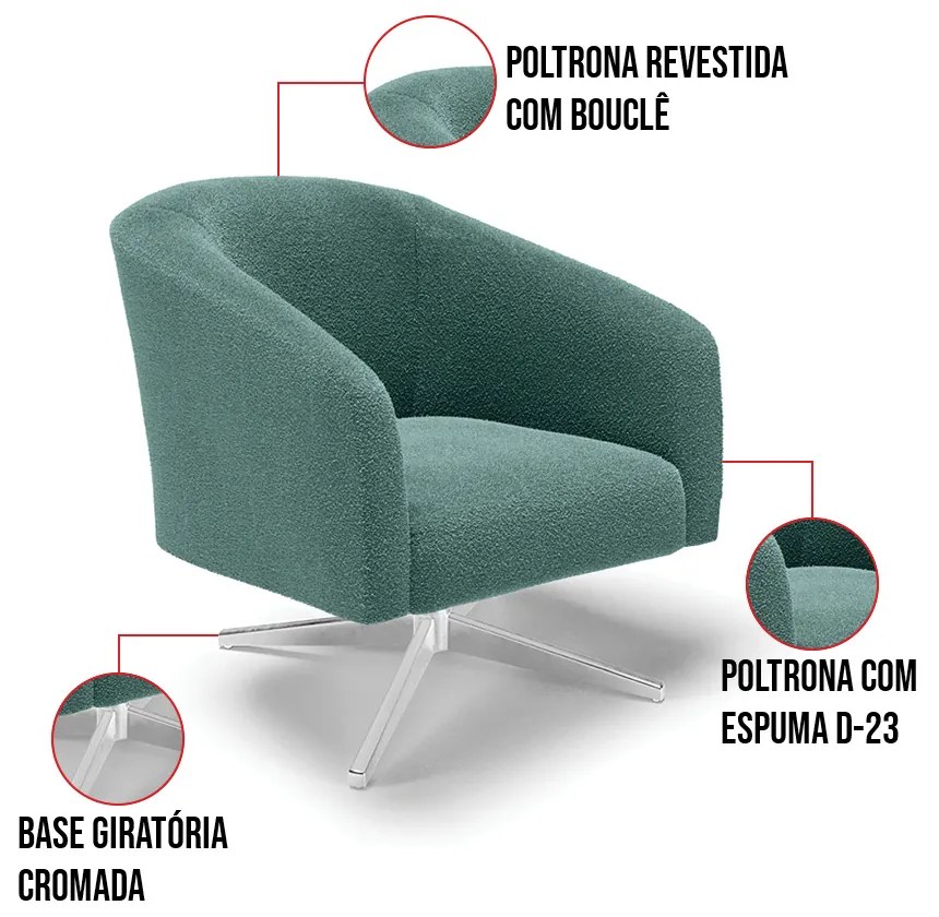 Poltrona Decorativa Giratória Cromada Kit 2 Stella Bouclê D03 - D'Rossi - Verde Menta