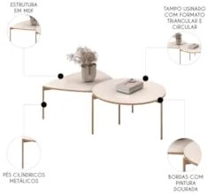 Mesa de Centro Para Sala Pés Metálicos Zira e Nala D04 Off White - Mpo