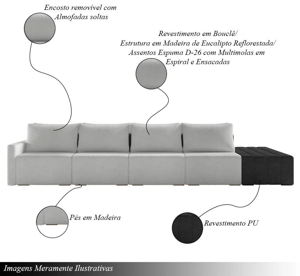 Sofá Ilha Modulado Milos 432cm Puff Lateral Cinza Preto Manchado Bouclê/PU G33 - Gran Belo