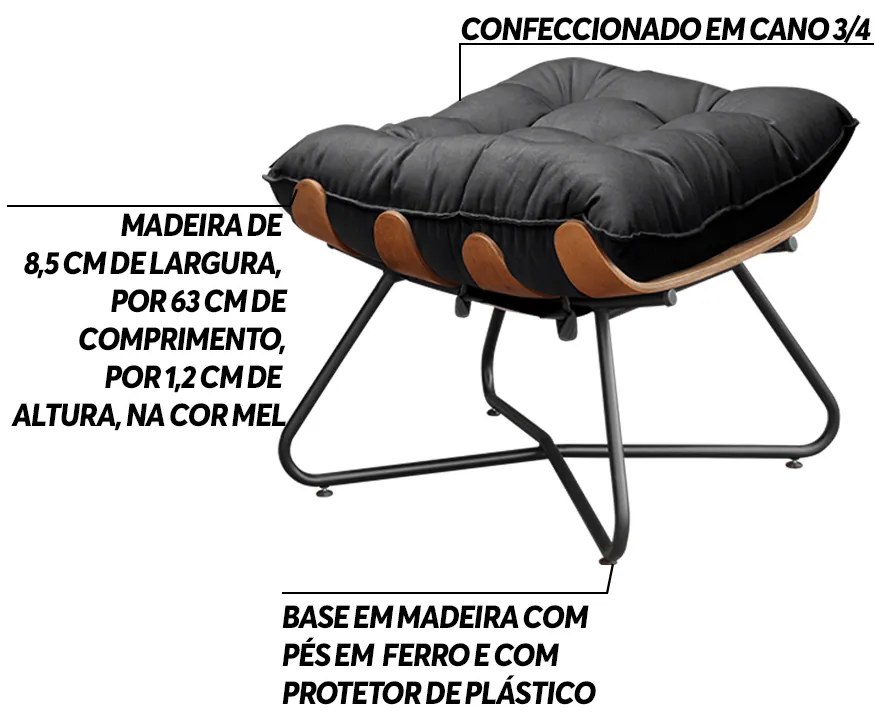 Puff Decorativo Sala de Estar Caim Base de Madeira Preto Veludo Preto G41 - Gran Belo