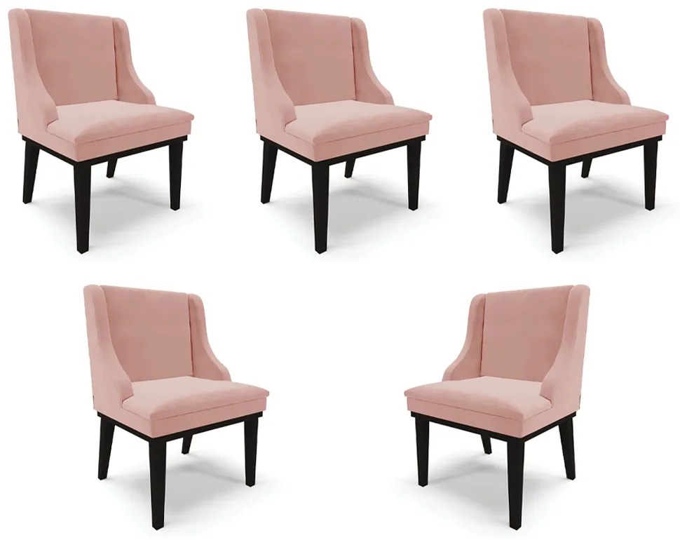Kit 5 Cadeiras Decorativas Sala de Jantar Base Fixa de Madeira Firenze Veludo Rosê/Preto G19 - Gran Belo