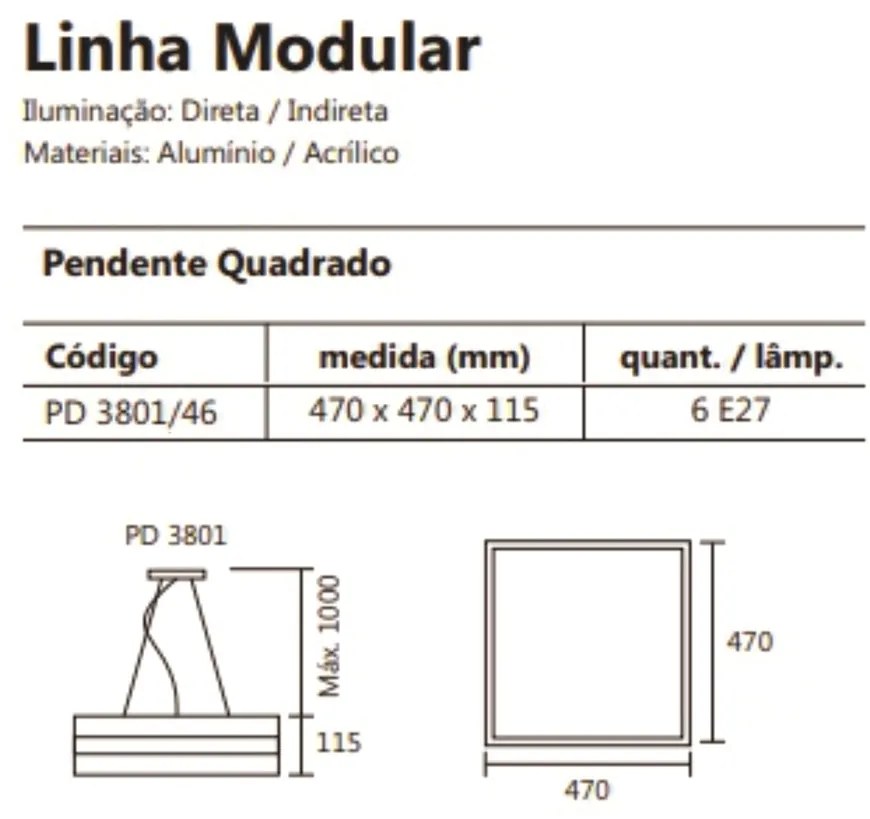 Pendente Flutua Quadrado 47X47Cm 6Xe27 Metal E Acrílico | Usina 3901/4... (CB-M - Cobre Metálico)