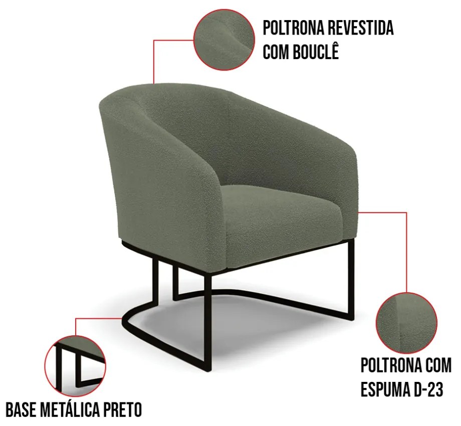 Poltrona Decorativa Base Industrial Preto Stella Bouclê D03 - D'Rossi - Menta