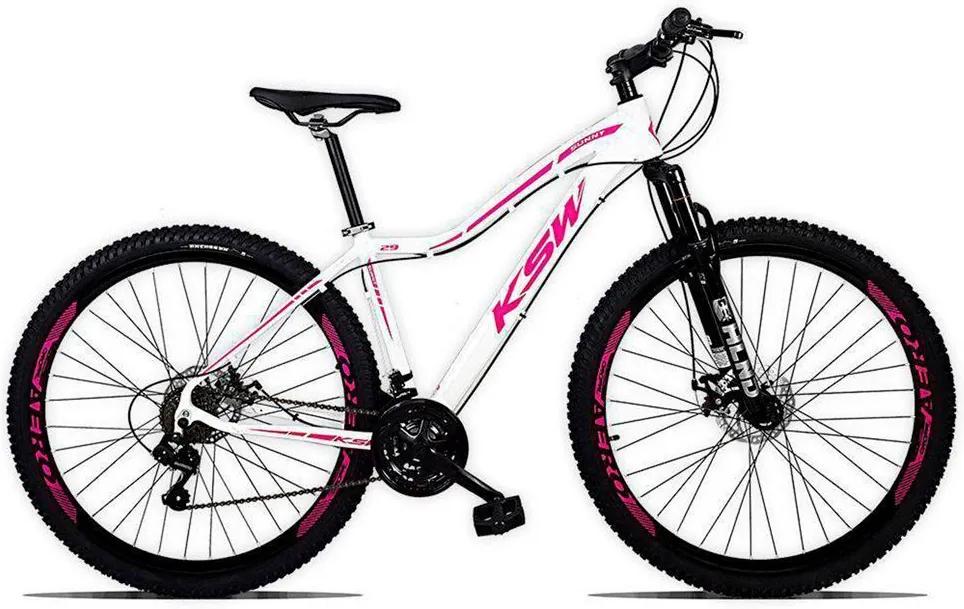 Bicicleta Feminina Sunny Aro 29 Suspensão Quadro 15 Freio a Disco 21v Alumínio Branco Rosa - KSW