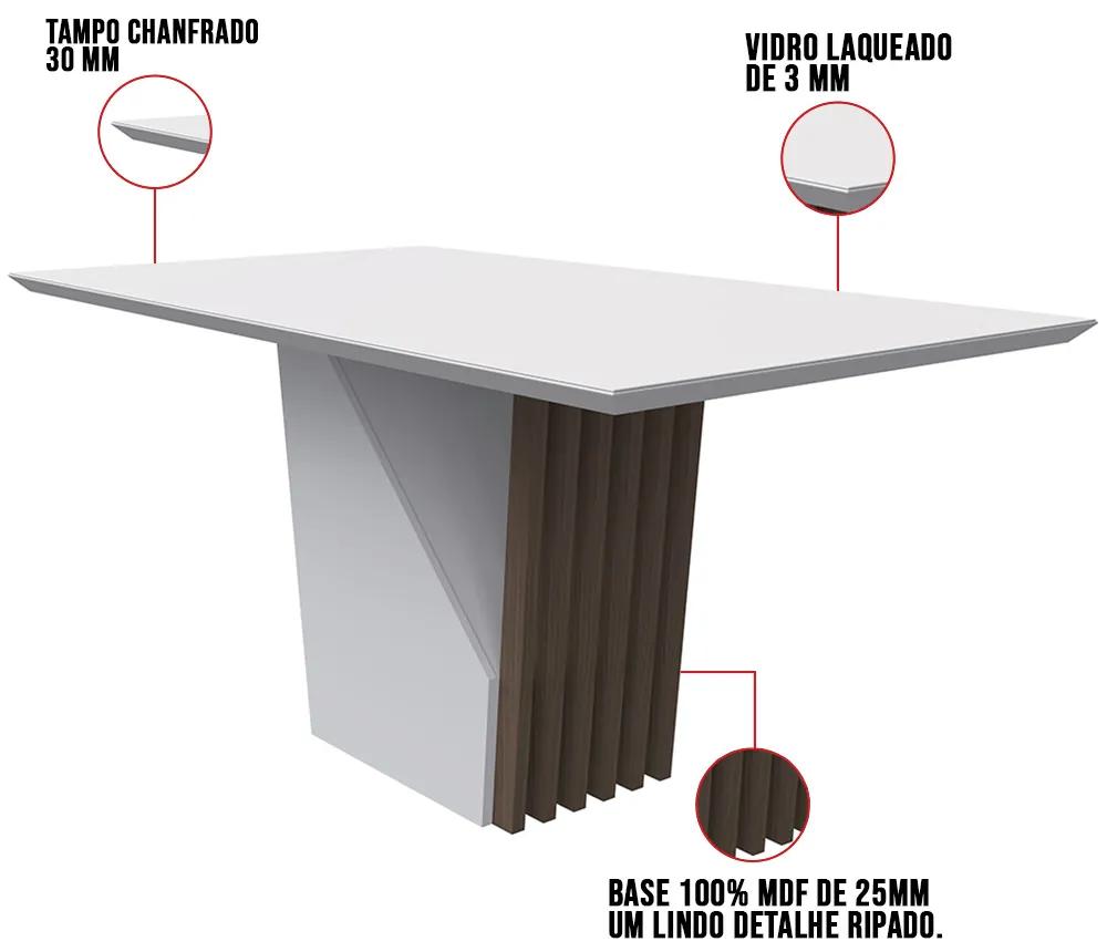 Mesa de Jantar Retangular Tampo com Vidro Lita 160 cm Off White Base Imbuia - D'Rossi