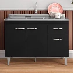 Balcão Gabinete Com Pia Inox 120cm 3 Portas e 1 Gaveta Gabriela Preto