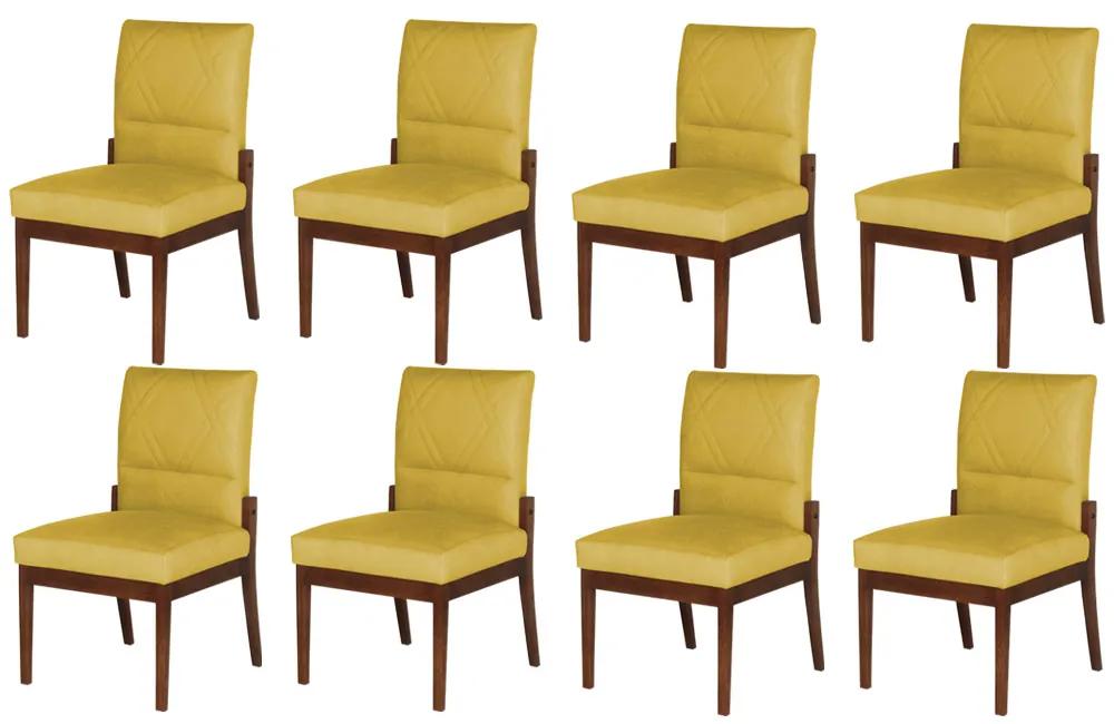 Conjunto 8 Cadeiras De Jantar Aurora Base Madeira Maciça Estofada Suede Amarelo