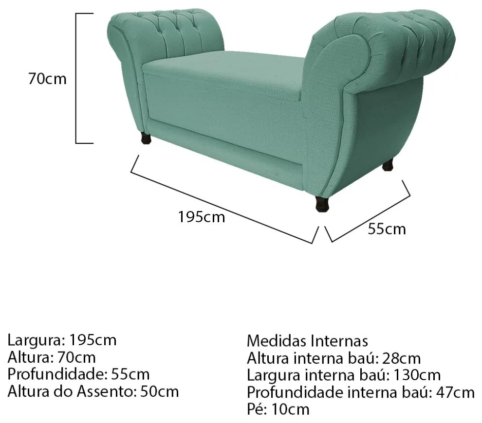 Recamier Grécia 195cm Linho Azul Turquesa- ADJ Decor