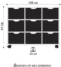 Nicho Organizador 9 Gavetas com Rodízios Freijó/Preto - Qmovi