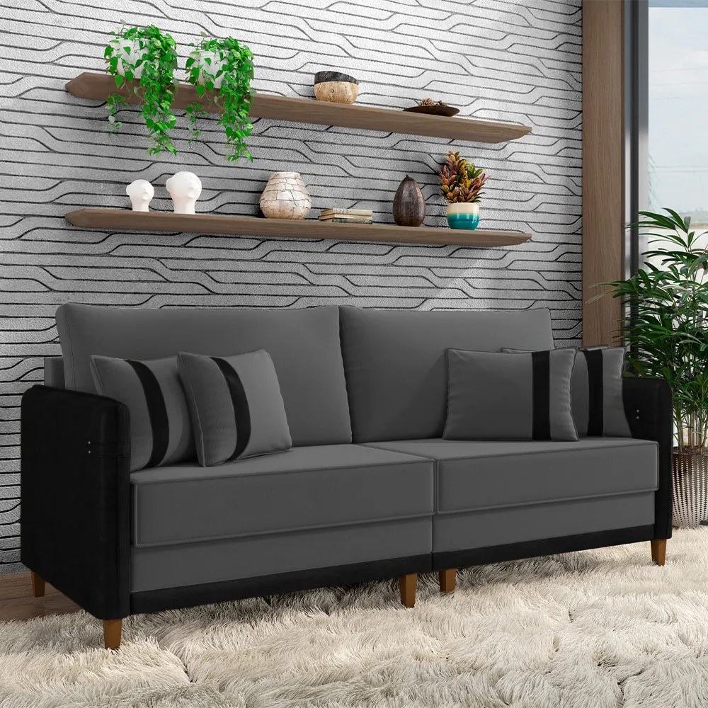 Sofá Living Montecarlo 2 Lugares Bipartido 192cm Pés em Madeira Veludo/PU Grafite/Preto G33 - Gran Belo