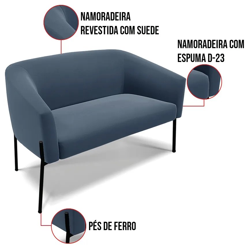 Sofá 2 Lugares Namoradeira Pé de Ferro Preto Stella Suede D03 - D'Rossi - Azul Marinho