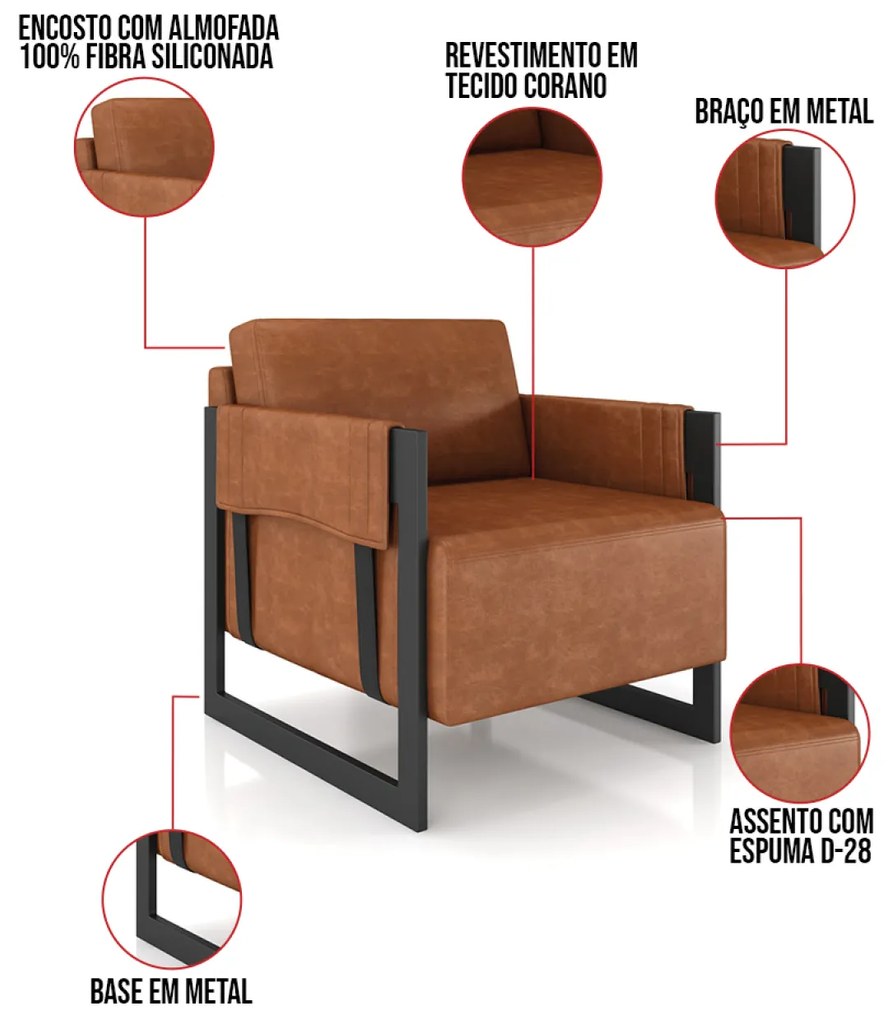 Poltrona Decorativa Base Industrial Kit 2 Rory Sintético PU K01 - D'Rossi - Nozes