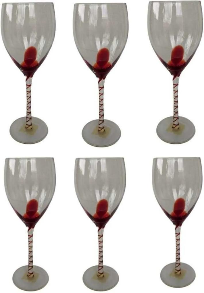 Jogo de 6 Taças p/Vinho  em Vidro detalhe vermelho-400ml