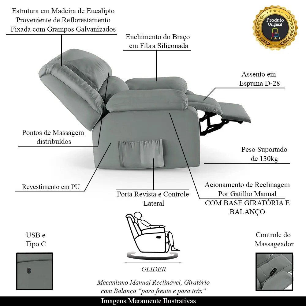 Poltrona do Papai Reclinável Melim Glider Giratória Massagem Sintético PU FH1 - D'Rossi - Cinza