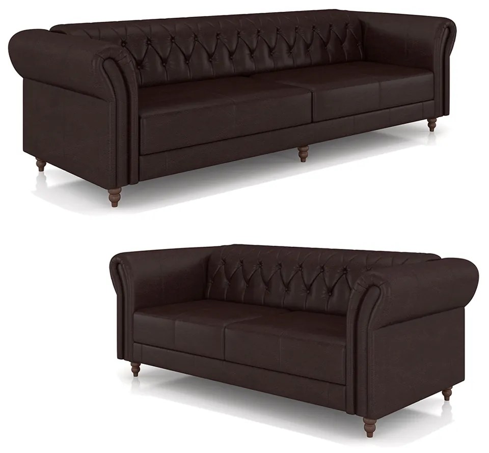 Conjunto de Sofá Sala de Estar Stanford Chesterfield 2 e 3 Lugares 200cm/260cm Pés Madeira Couro Wine Vinho G58 - Gran Belo