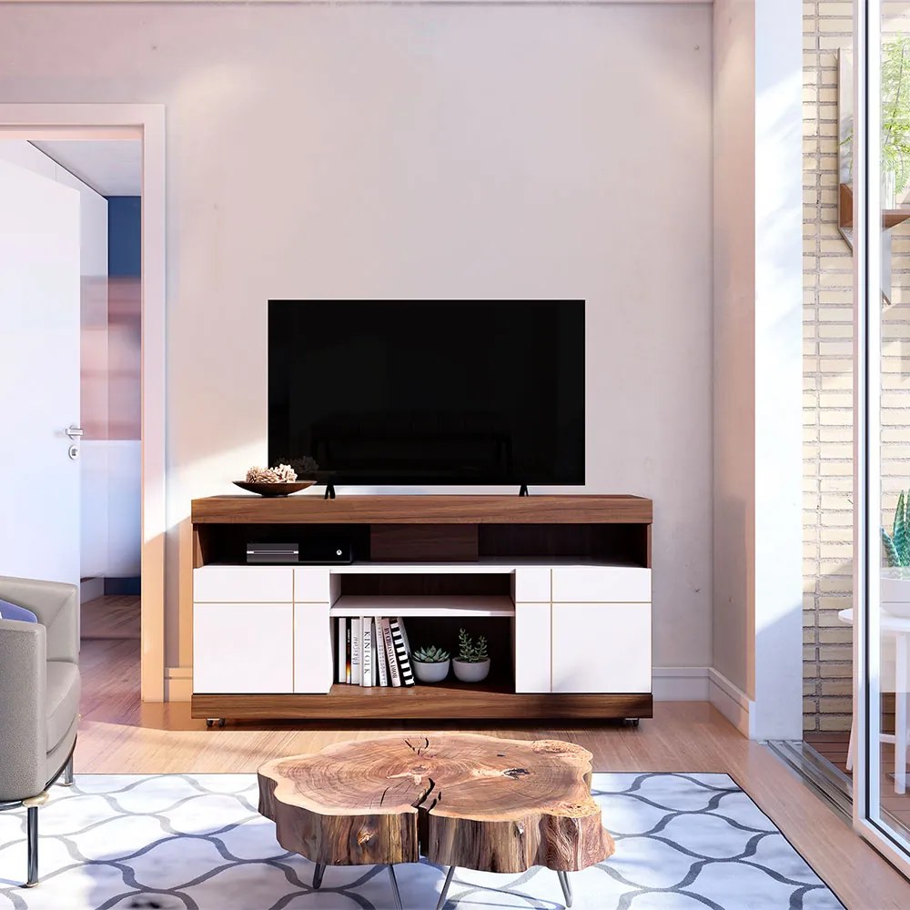 Rack para Sala Bancada de TV 47 Pol 136cm Ariele C04 - D'Rossi - Nogueira Real e Off White