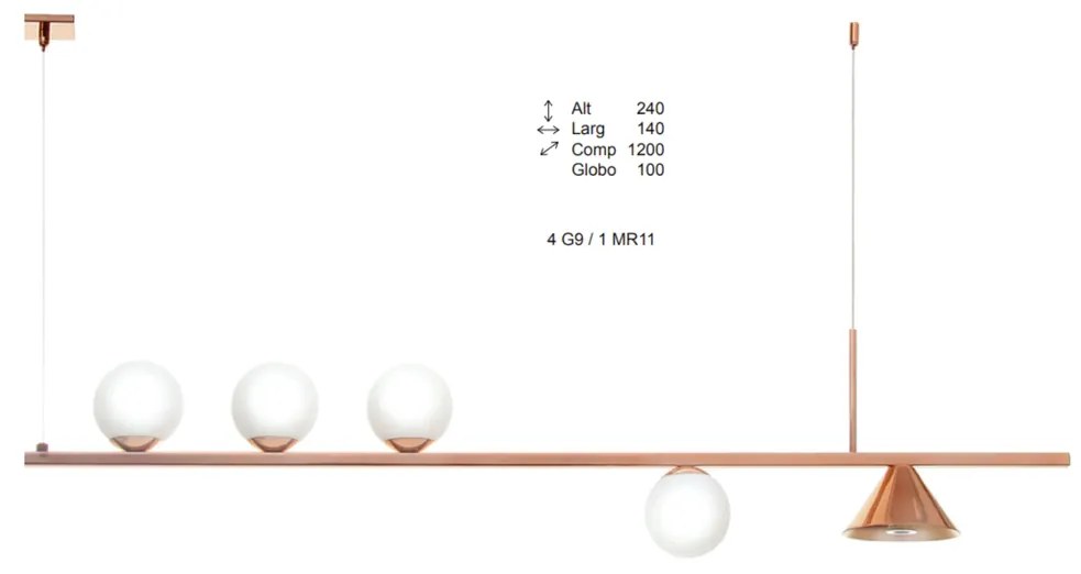 Pendente Durness Retangular Misto 120X14X24Cm Com Globos Ø10Cm 04Xg9 E... (DOURADO FOSCO / DOURADO BRILHO)