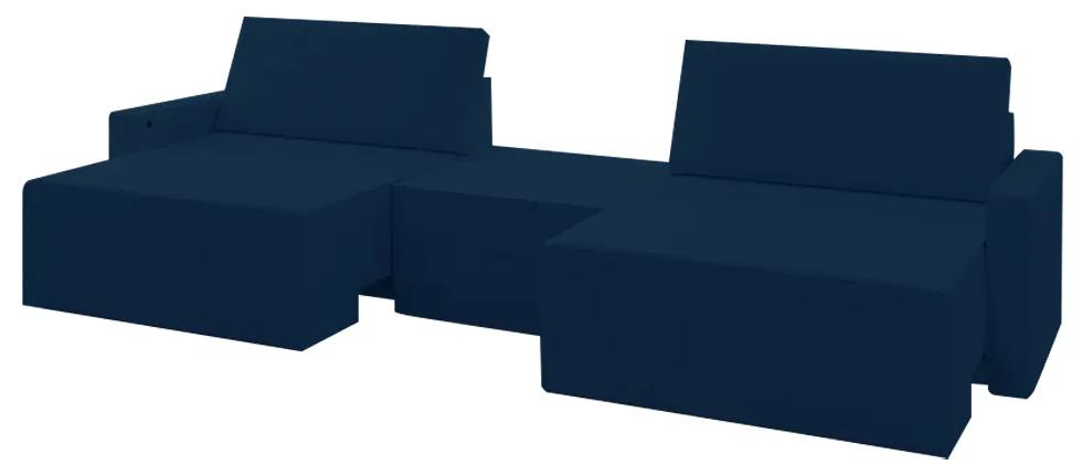 Sofá Retrátil Embutido Modulado com Puff 3 Lugares Xerxes 229cm Veludo Azul G33 - Gran Belo