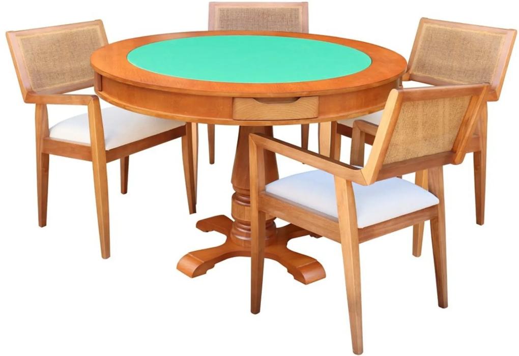 Mesa de Jogos Carteado Victoria Redonda Tampo Reversível Amêndoa com 4 Cadeiras Megan Linho Bege - Gran Belo