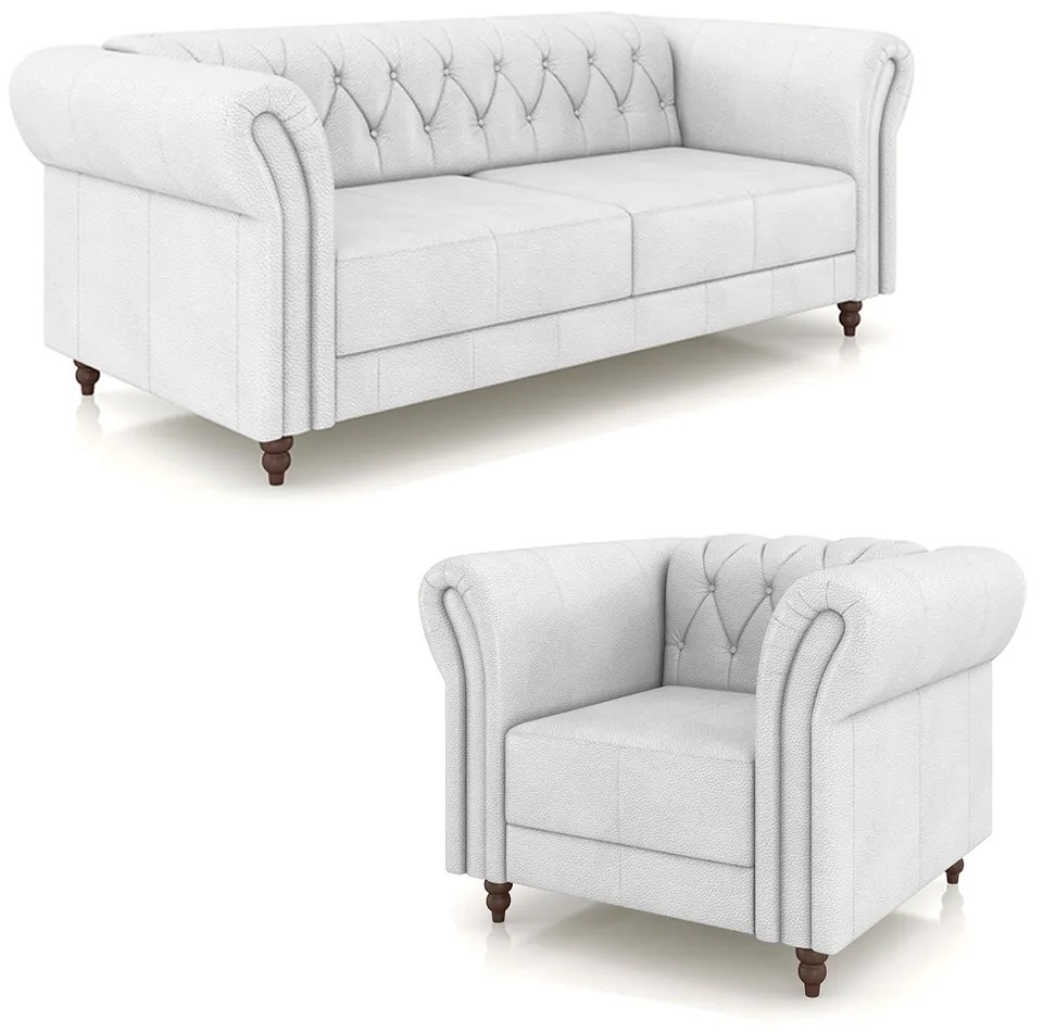 Conjunto Sala de Estar 1 Sofá Living 180cm e 2 Poltronas Stanford Chesterfield Pés Madeira Couro Branco G58 - Gran Belo