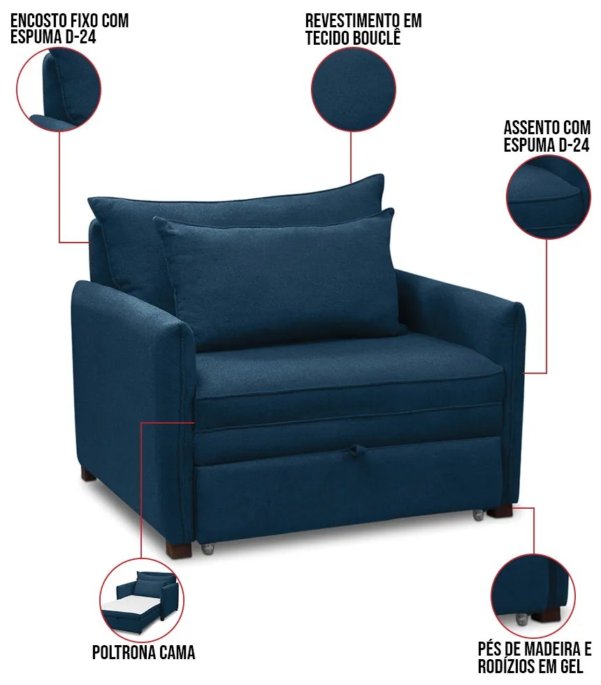 Poltrona Cama Retrátil Solteiro com Rodízio Cloe Bouclê E03 - D'Rossi - Azul Marinho
