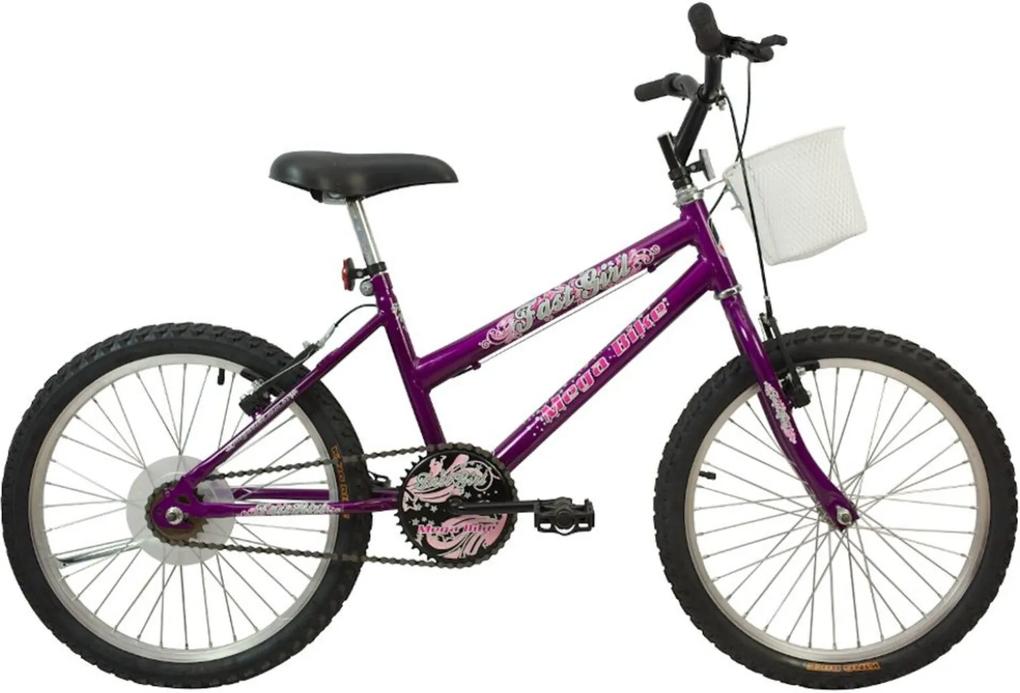 Bicicleta Infantil Aro 20 Quadro em Aço Freios V-Break Fast Girl Free com Cesto Violeta - Mega Bike