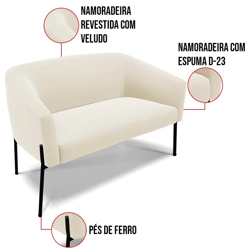 Sofá 2 Lugares Namoradeira Pé de Ferro Preto Stella Veludo D03 - D'Rossi - Bege
